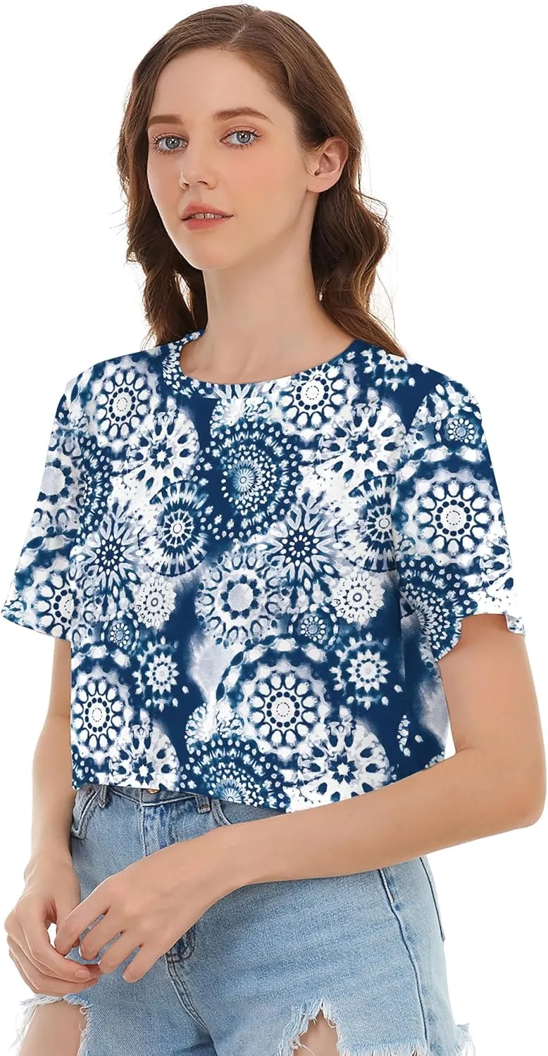 Womens Summer Sexy Crop Tops Oversized Floral Print Graphic Geometric Cropped T Shirts