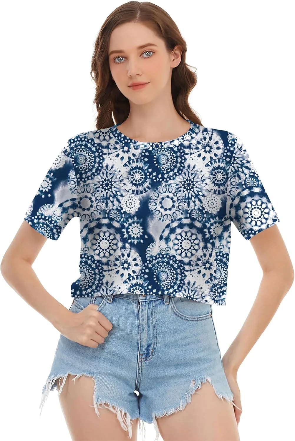 Womens Summer Sexy Crop Tops Oversized Floral Print Graphic Geometric Cropped T Shirts