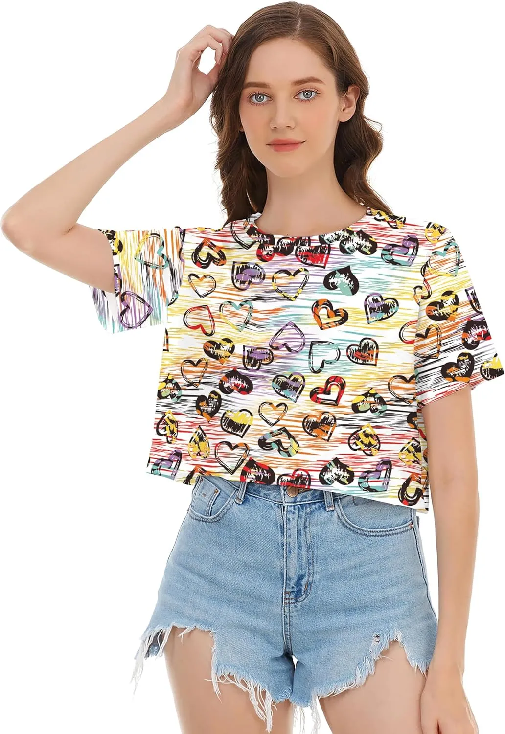 Womens Summer Sexy Crop Tops Oversized Floral Print Graphic Geometric Cropped T Shirts