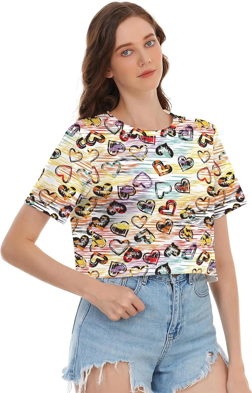 Womens Summer Sexy Crop Tops Oversized Floral Print Graphic Geometric Cropped T Shirts