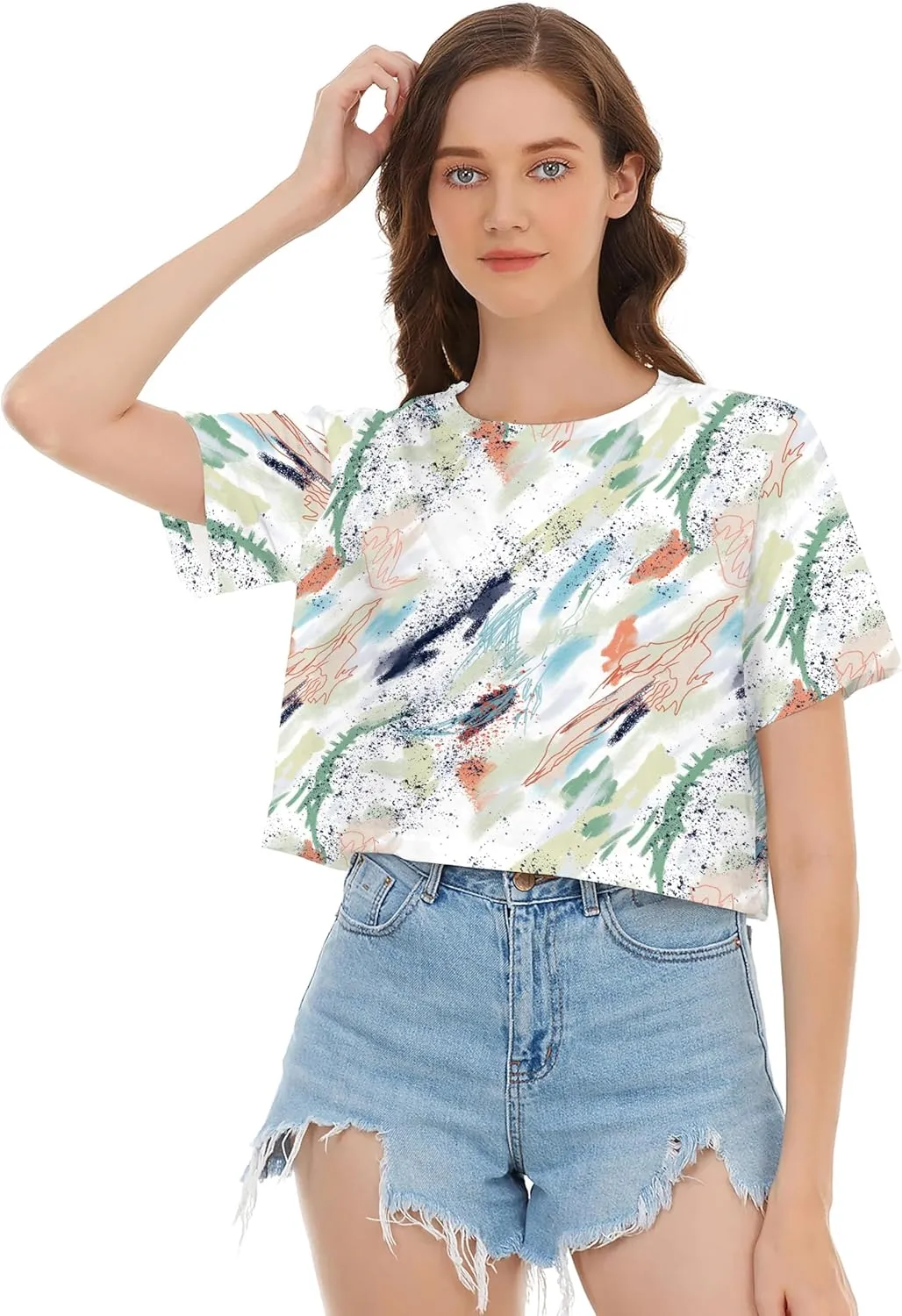 Womens Summer Sexy Crop Tops Oversized Floral Print Graphic Geometric Cropped T Shirts