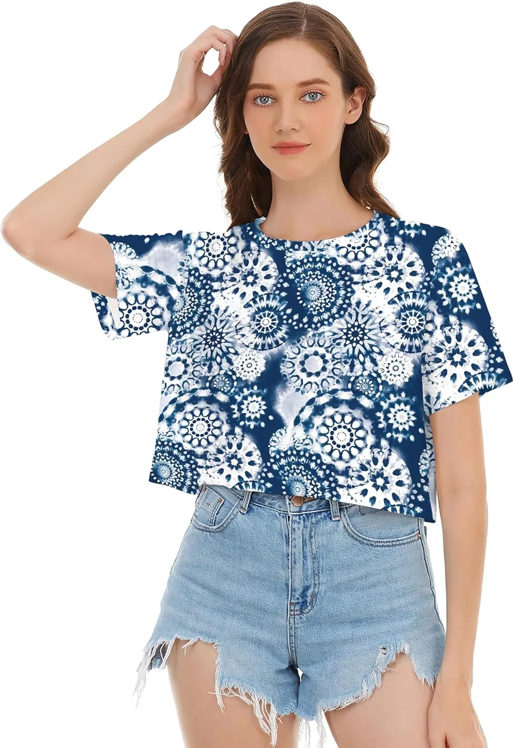 Womens Summer Sexy Crop Tops Oversized Floral Print Graphic Geometric Cropped T Shirts