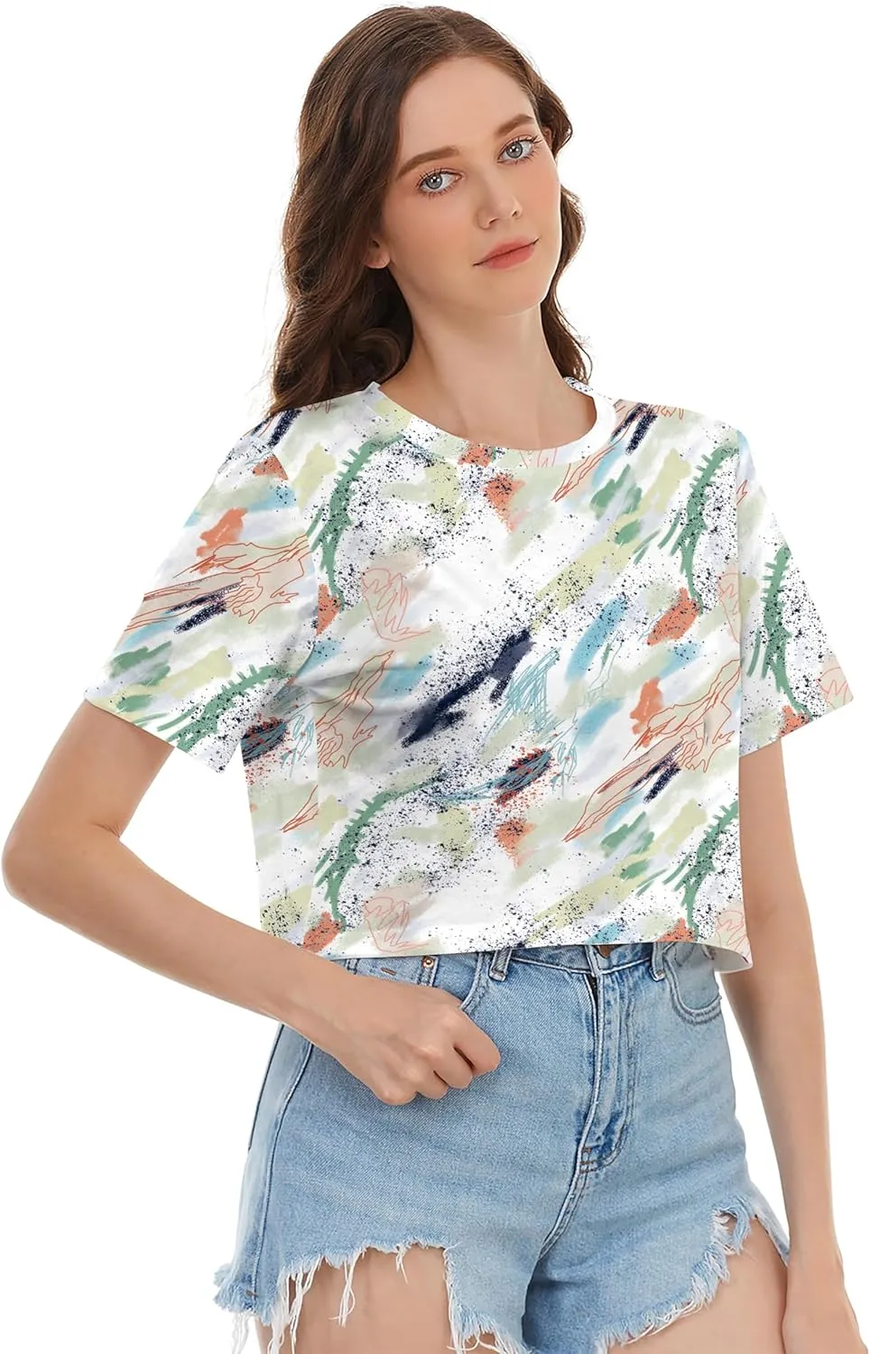 Womens Summer Sexy Crop Tops Oversized Floral Print Graphic Geometric Cropped T Shirts