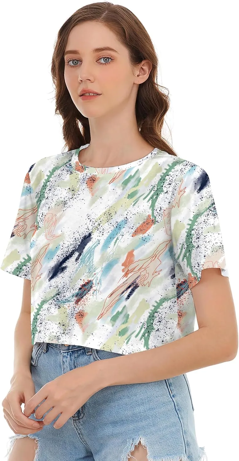Womens Summer Sexy Crop Tops Oversized Floral Print Graphic Geometric Cropped T Shirts