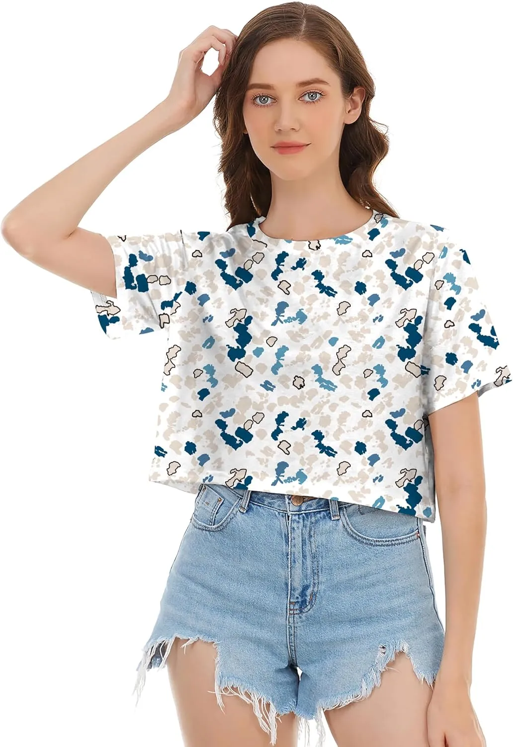 Womens Summer Sexy Crop Tops Oversized Floral Print Graphic Geometric Cropped T Shirts