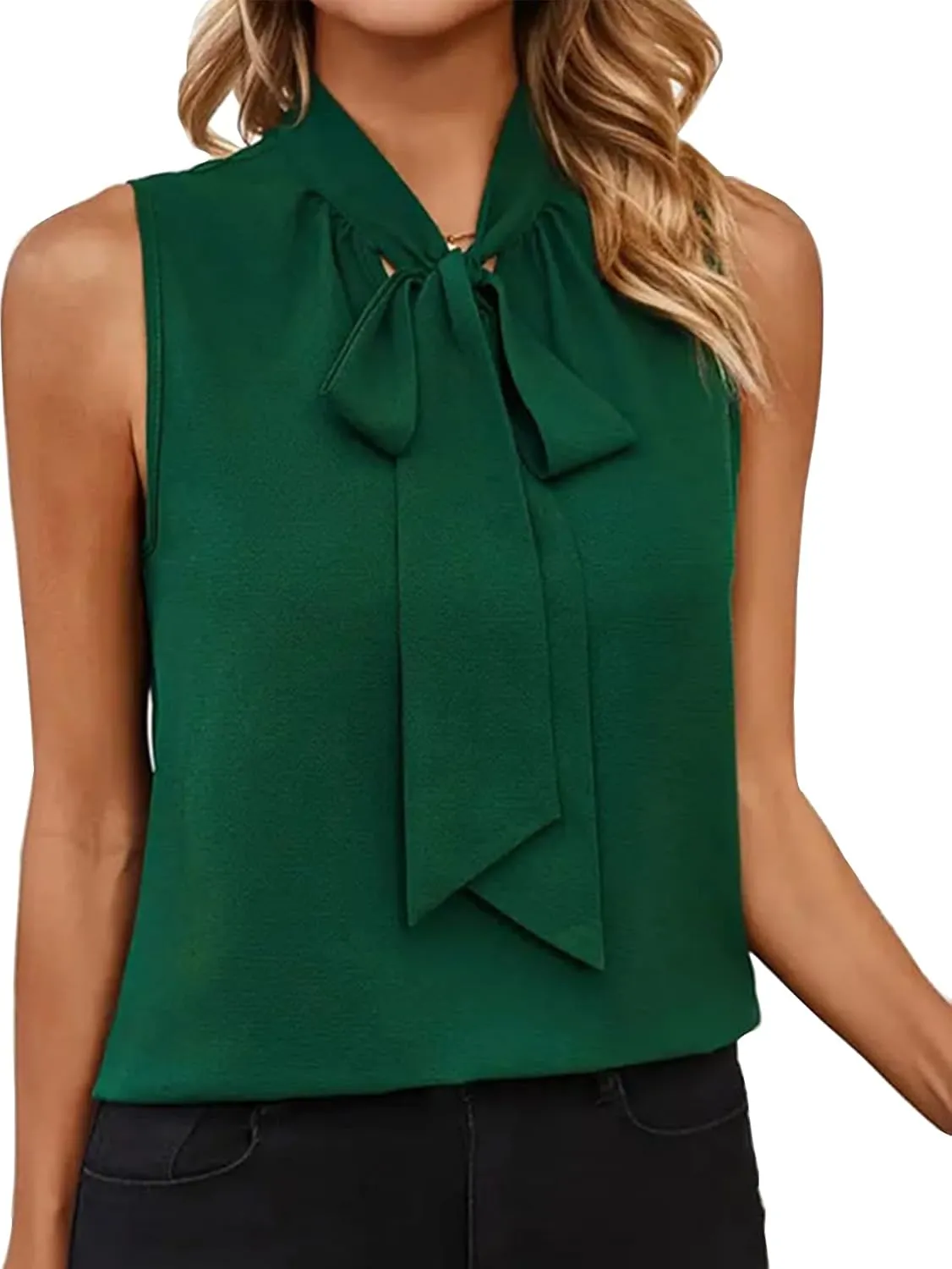 Women's Tie Bow Neck Sleeveless Blouse Elegant Office Work Shirt Tank Top