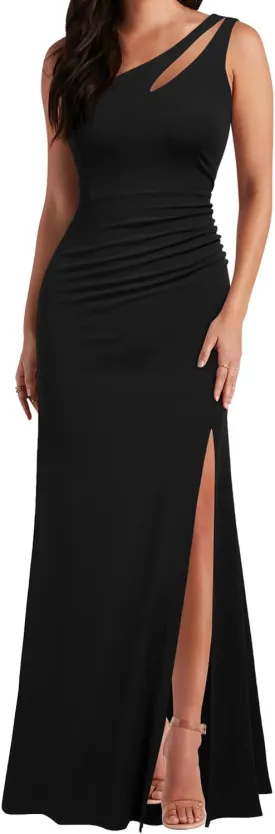 WOOSEA Women's One Shoulder Sleeveless Split Bodycon Mermaid Evening Cocktail Long Dress