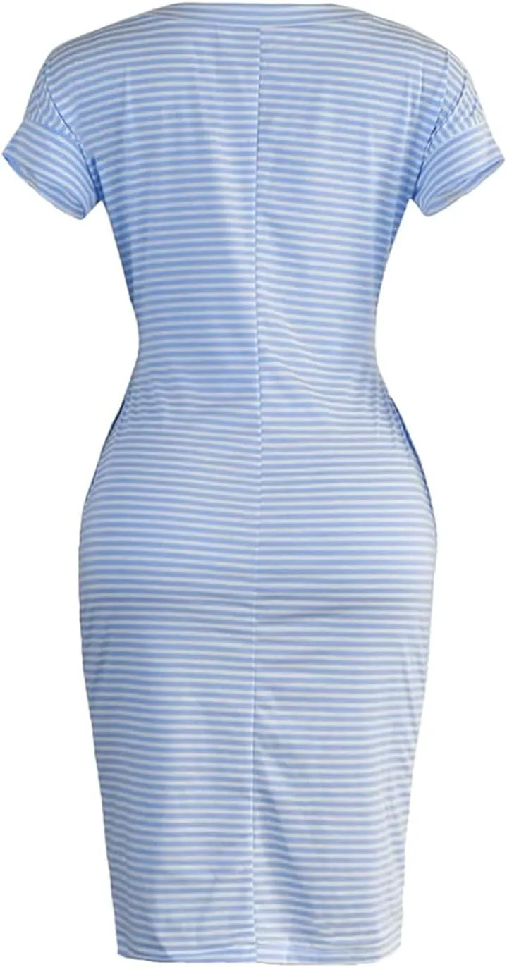 Work Striped Tshirt Dress Women Casual Tie Waist Crew Neck Short Sleeve Midi Office Dress Comfy Wrap T Shirt Dress
