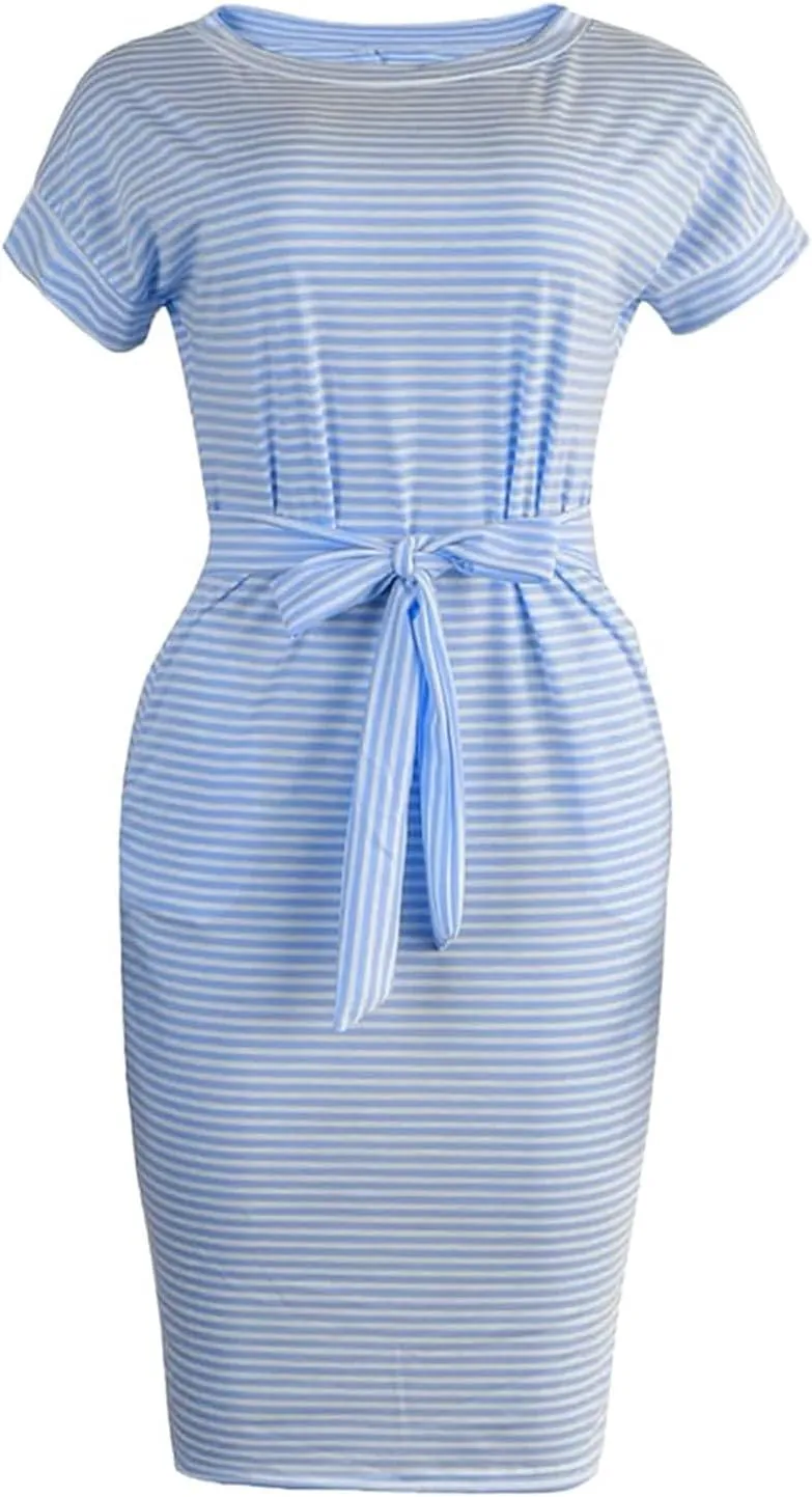 Work Striped Tshirt Dress Women Casual Tie Waist Crew Neck Short Sleeve Midi Office Dress Comfy Wrap T Shirt Dress