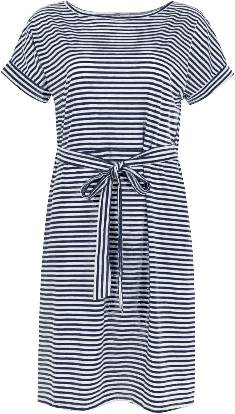 Work Striped Tshirt Dress Women Casual Tie Waist Crew Neck Short Sleeve Midi Office Dress Comfy Wrap T Shirt Dress