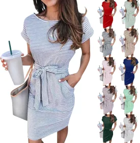 Work Striped Tshirt Dress Women Casual Tie Waist Crew Neck Short Sleeve Midi Office Dress Comfy Wrap T Shirt Dress