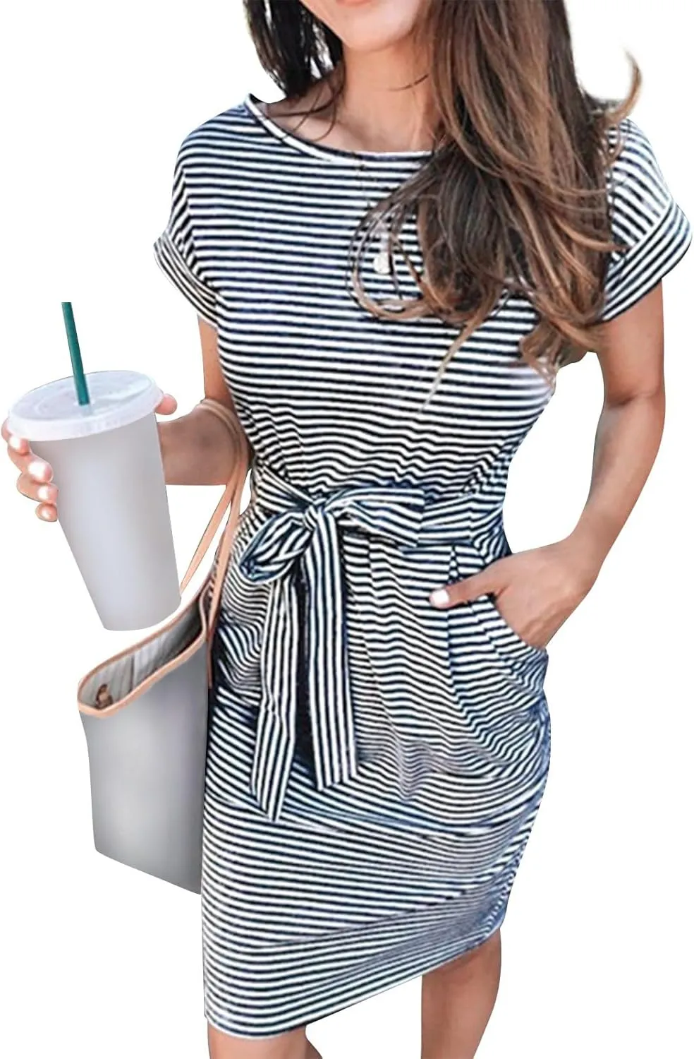 Work Striped Tshirt Dress Women Casual Tie Waist Crew Neck Short Sleeve Midi Office Dress Comfy Wrap T Shirt Dress
