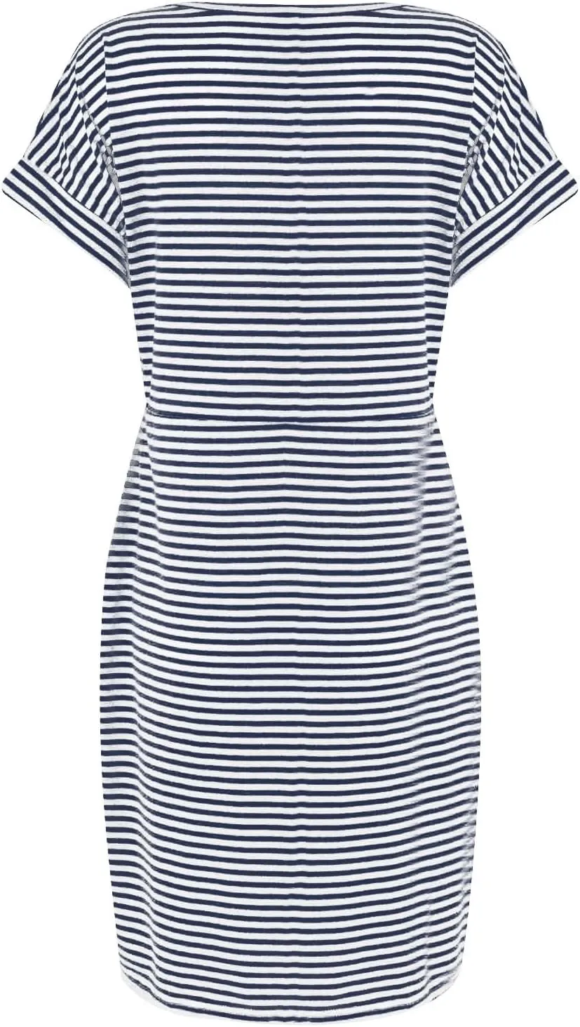 Work Striped Tshirt Dress Women Casual Tie Waist Crew Neck Short Sleeve Midi Office Dress Comfy Wrap T Shirt Dress