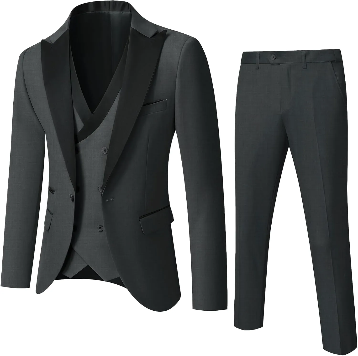 YND Men's 3 Piece Slim Fit Wedding Tuxedo Set, Peak Lapel One Button Suit Jacket, Double Breasted Vest Pants with Bow Tie