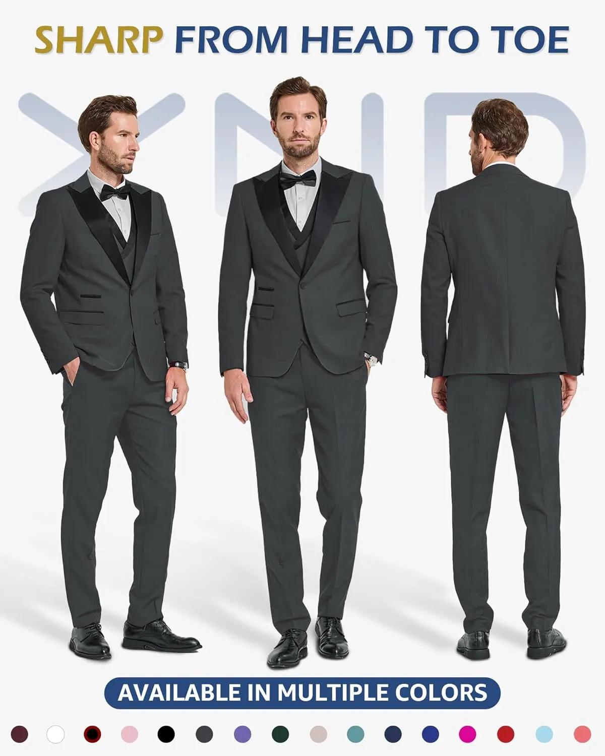 YND Men's 3 Piece Slim Fit Wedding Tuxedo Set, Peak Lapel One Button Suit Jacket, Double Breasted Vest Pants with Bow Tie