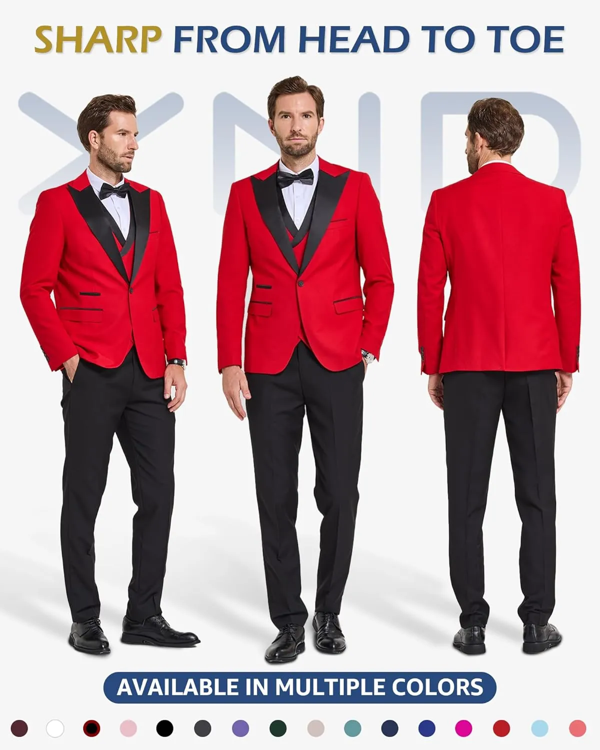 YND Men's 3 Piece Slim Fit Wedding Tuxedo Set, Peak Lapel One Button Suit Jacket, Double Breasted Vest Pants with Bow Tie