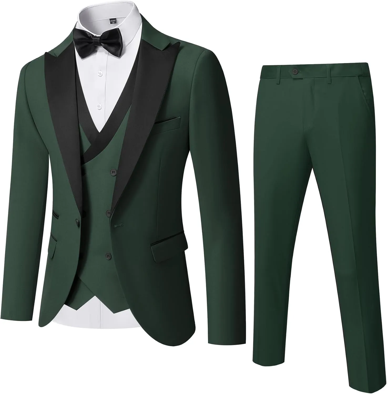 YND Men's 3 Piece Slim Fit Wedding Tuxedo Set, Peak Lapel One Button Suit Jacket, Double Breasted Vest Pants with Bow Tie