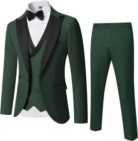 YND Men's 3 Piece Slim Fit Wedding Tuxedo Set, Peak Lapel One Button Suit Jacket, Double Breasted Vest Pants with Bow Tie