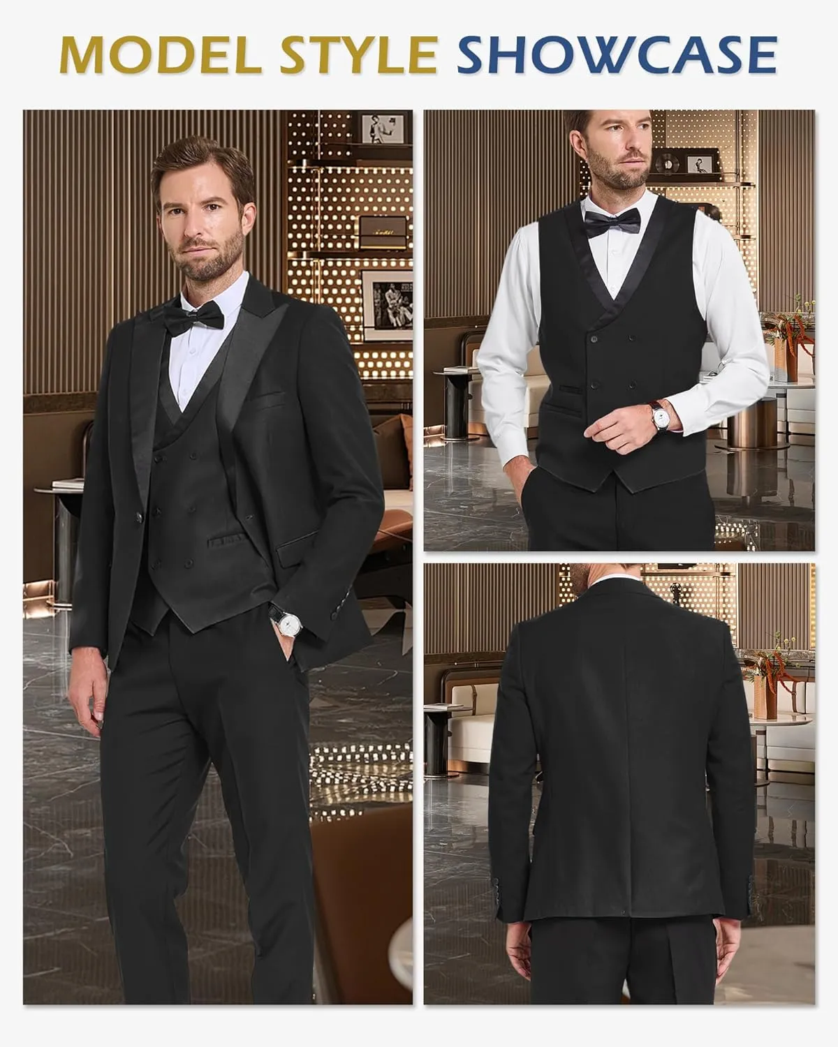 YND Men's 3 Piece Slim Fit Wedding Tuxedo Set, Peak Lapel One Button Suit Jacket, Double Breasted Vest Pants with Bow Tie