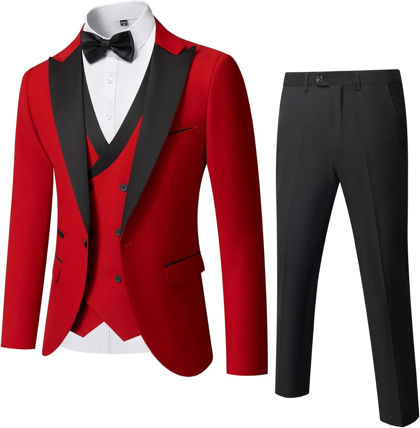 YND Men's 3 Piece Slim Fit Wedding Tuxedo Set, Peak Lapel One Button Suit Jacket, Double Breasted Vest Pants with Bow Tie
