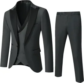 YND Men's 3 Piece Slim Fit Wedding Tuxedo Set, Peak Lapel One Button Suit Jacket, Double Breasted Vest Pants with Bow Tie