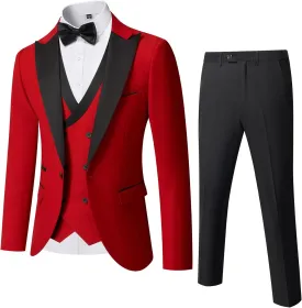 YND Men's 3 Piece Slim Fit Wedding Tuxedo Set, Peak Lapel One Button Suit Jacket, Double Breasted Vest Pants with Bow Tie