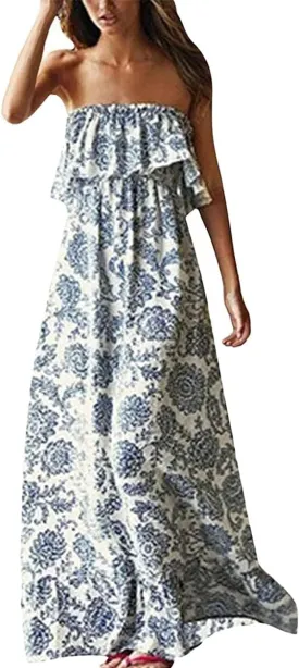 ZMPSIISA Women's Summer Off The Shoulder Maxi Dress Ruffle Strapless Blue White Porcelain Boho Casual Loose Long Dresses