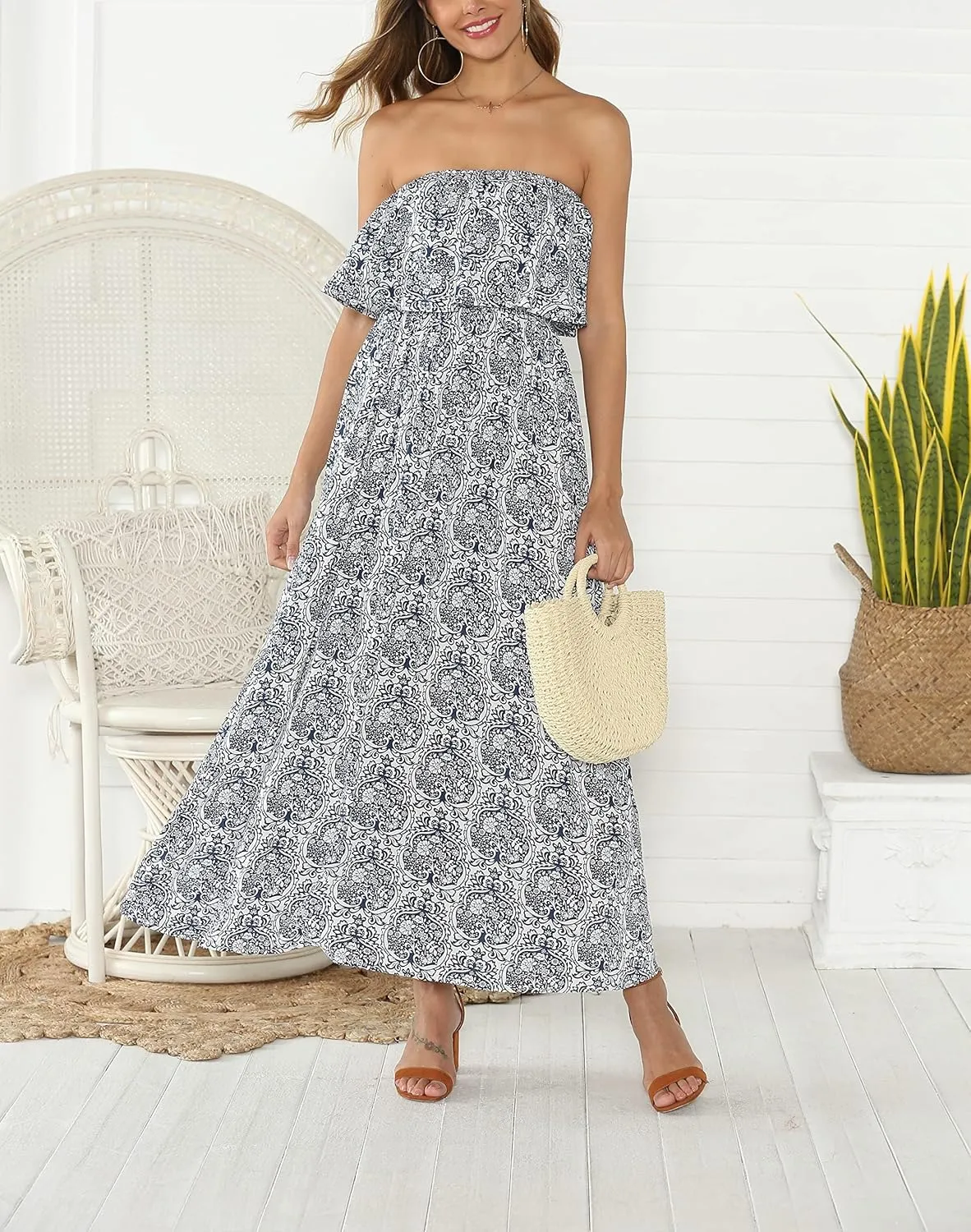 ZMPSIISA Women's Summer Off The Shoulder Maxi Dress Ruffle Strapless Blue White Porcelain Boho Casual Loose Long Dresses