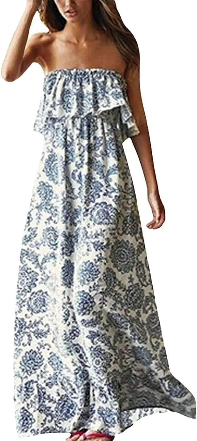 ZMPSIISA Women's Summer Off The Shoulder Maxi Dress Ruffle Strapless Blue White Porcelain Boho Casual Loose Long Dresses