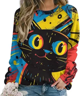 ZOCAVIA Women's Y2K Art Cat Sweatshirts Fall Abstract Graphic Pullover Tops Long Sleeve Oil Painting Cat Printed T Shirts