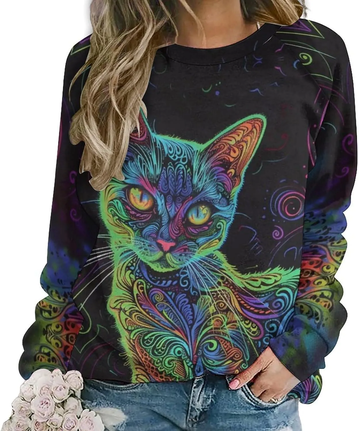ZOCAVIA Women's Y2K Art Cat Sweatshirts Fall Abstract Graphic Pullover Tops Long Sleeve Oil Painting Cat Printed T Shirts
