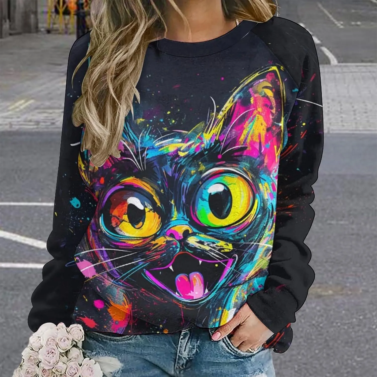 ZOCAVIA Women's Y2K Art Cat Sweatshirts Fall Abstract Graphic Pullover Tops Long Sleeve Oil Painting Cat Printed T Shirts