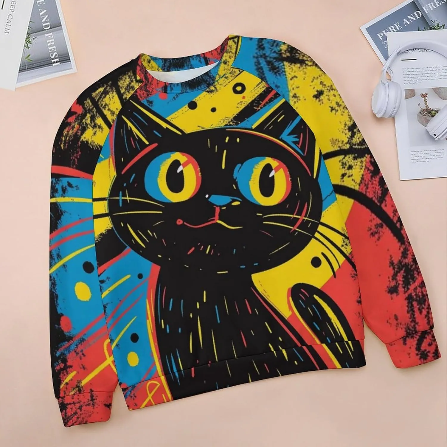 ZOCAVIA Women's Y2K Art Cat Sweatshirts Fall Abstract Graphic Pullover Tops Long Sleeve Oil Painting Cat Printed T Shirts