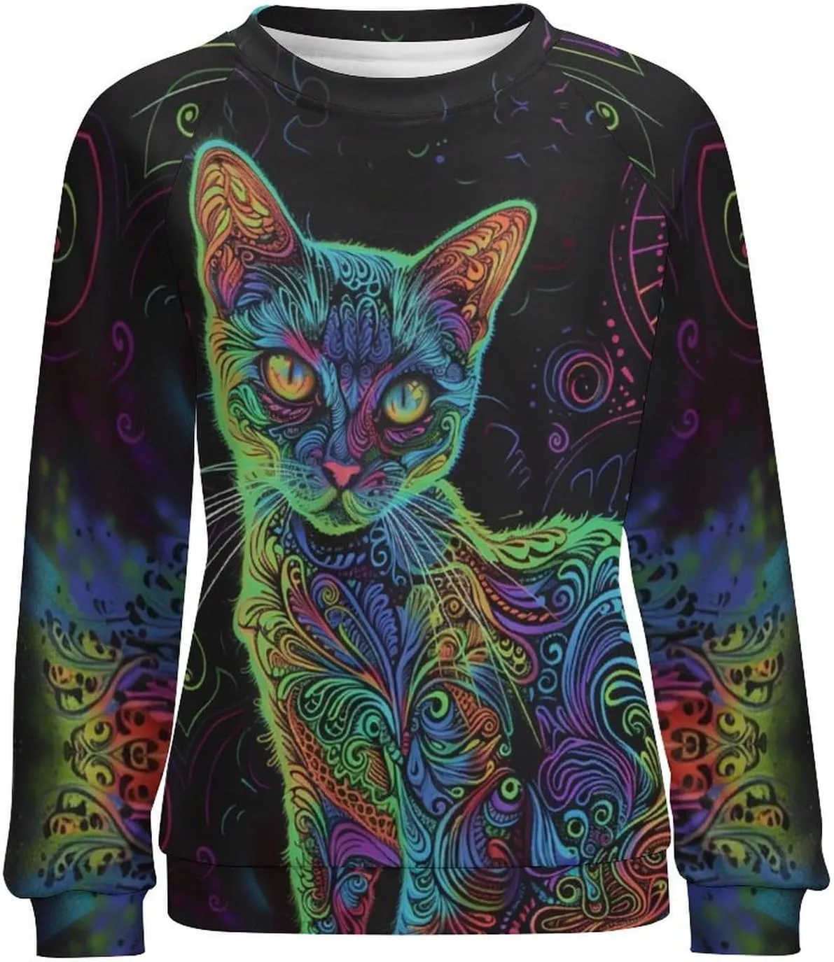 ZOCAVIA Women's Y2K Art Cat Sweatshirts Fall Abstract Graphic Pullover Tops Long Sleeve Oil Painting Cat Printed T Shirts