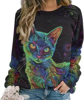 ZOCAVIA Women's Y2K Art Cat Sweatshirts Fall Abstract Graphic Pullover Tops Long Sleeve Oil Painting Cat Printed T Shirts