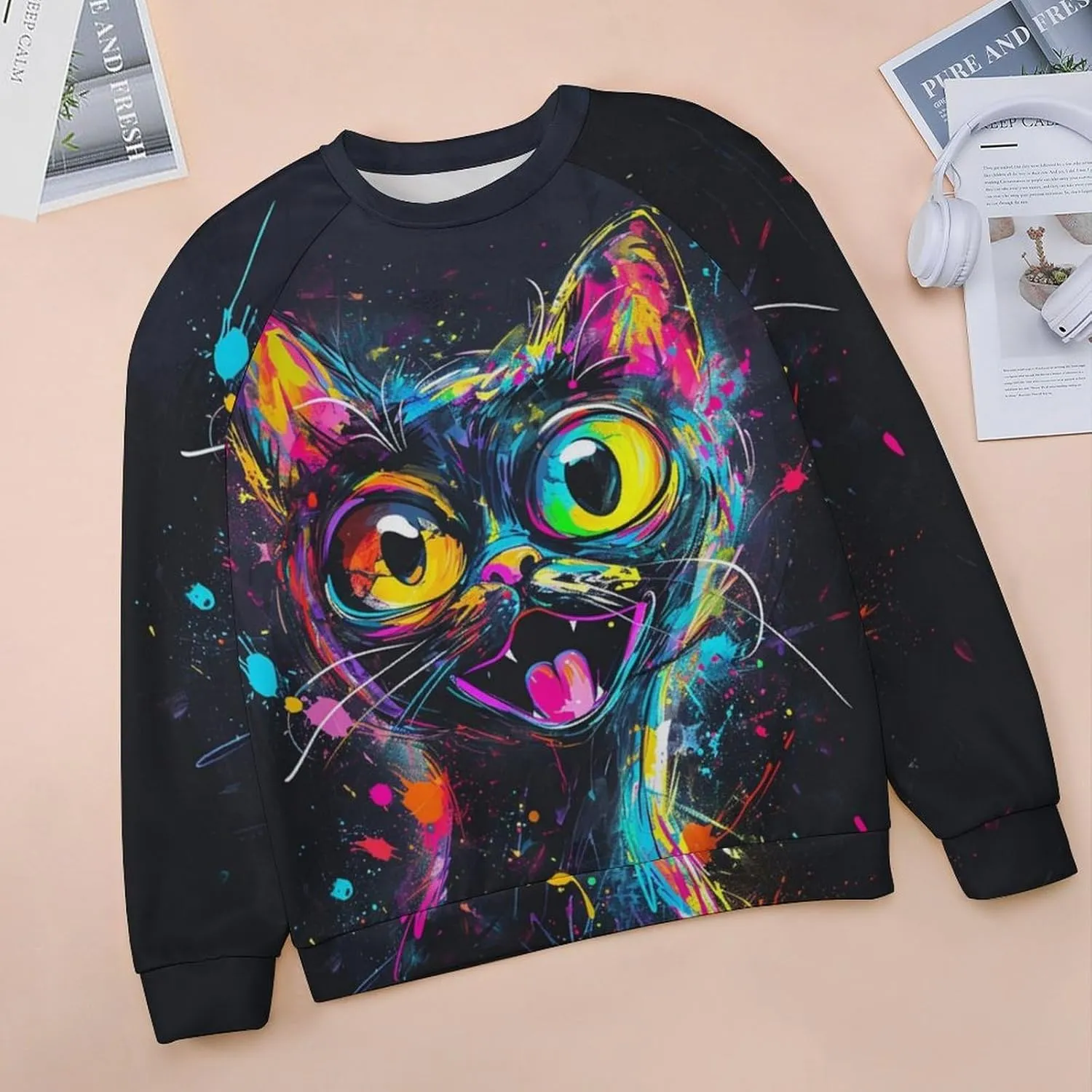 ZOCAVIA Women's Y2K Art Cat Sweatshirts Fall Abstract Graphic Pullover Tops Long Sleeve Oil Painting Cat Printed T Shirts