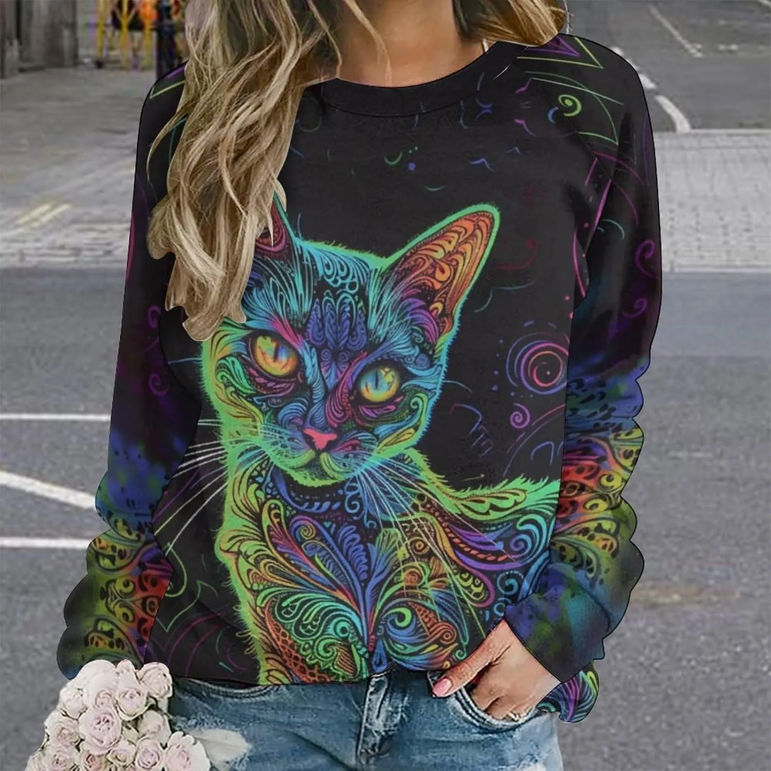 ZOCAVIA Women's Y2K Art Cat Sweatshirts Fall Abstract Graphic Pullover Tops Long Sleeve Oil Painting Cat Printed T Shirts
