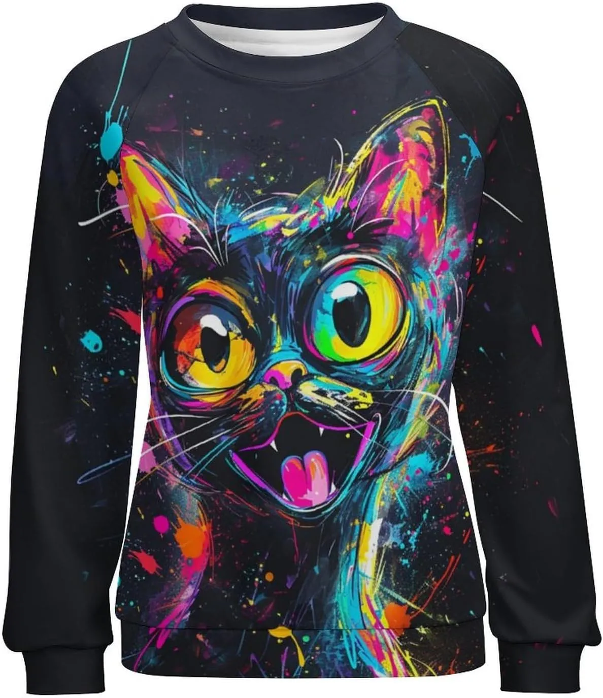 ZOCAVIA Women's Y2K Art Cat Sweatshirts Fall Abstract Graphic Pullover Tops Long Sleeve Oil Painting Cat Printed T Shirts
