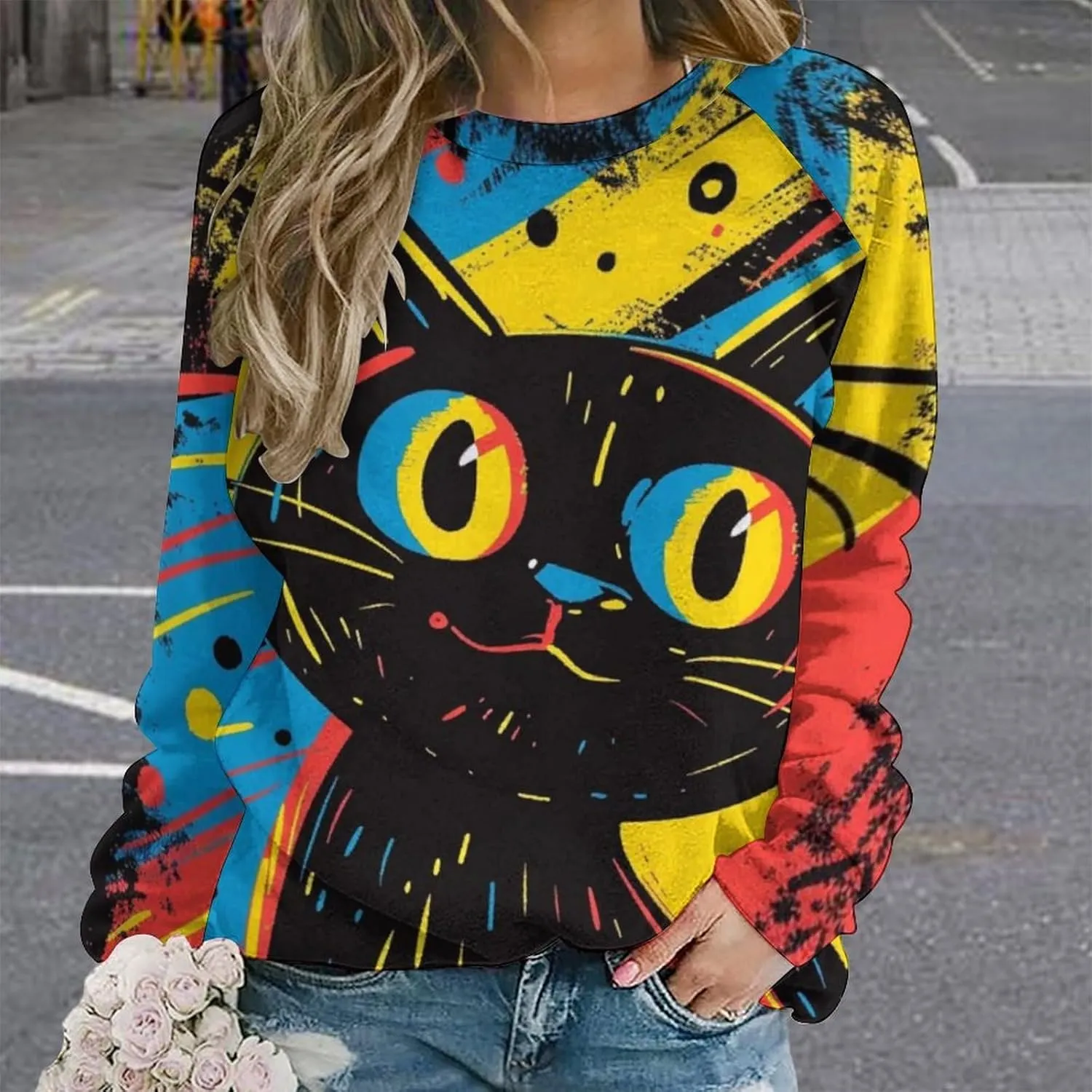 ZOCAVIA Women's Y2K Art Cat Sweatshirts Fall Abstract Graphic Pullover Tops Long Sleeve Oil Painting Cat Printed T Shirts