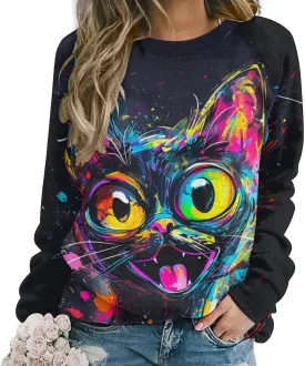 ZOCAVIA Women's Y2K Art Cat Sweatshirts Fall Abstract Graphic Pullover Tops Long Sleeve Oil Painting Cat Printed T Shirts