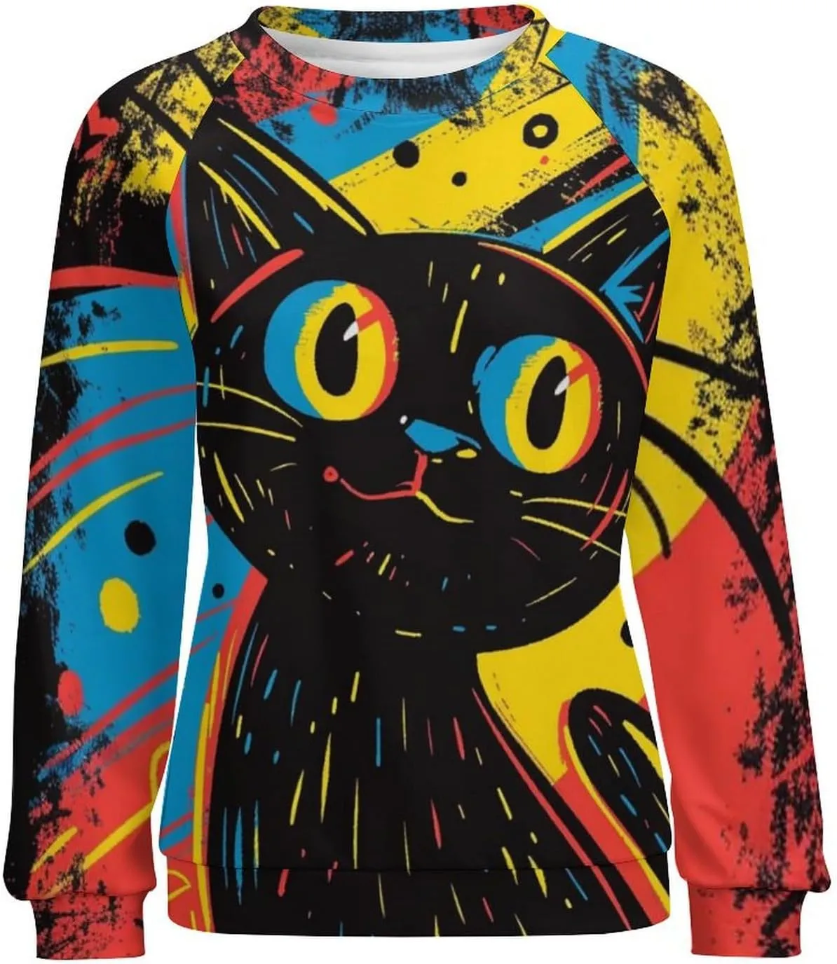 ZOCAVIA Women's Y2K Art Cat Sweatshirts Fall Abstract Graphic Pullover Tops Long Sleeve Oil Painting Cat Printed T Shirts